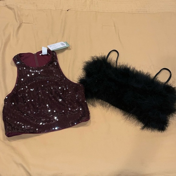 Bundle H&M sequined  top size xs burgundy/ Steps black faux  fur top sizeM NWOT - Picture 1 of 7